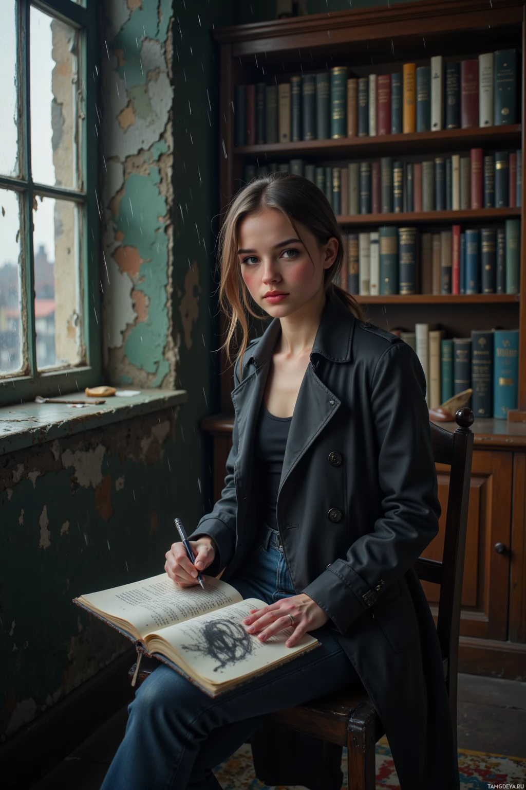 В библиотеке сидит человек и пишет ручкой в книге.