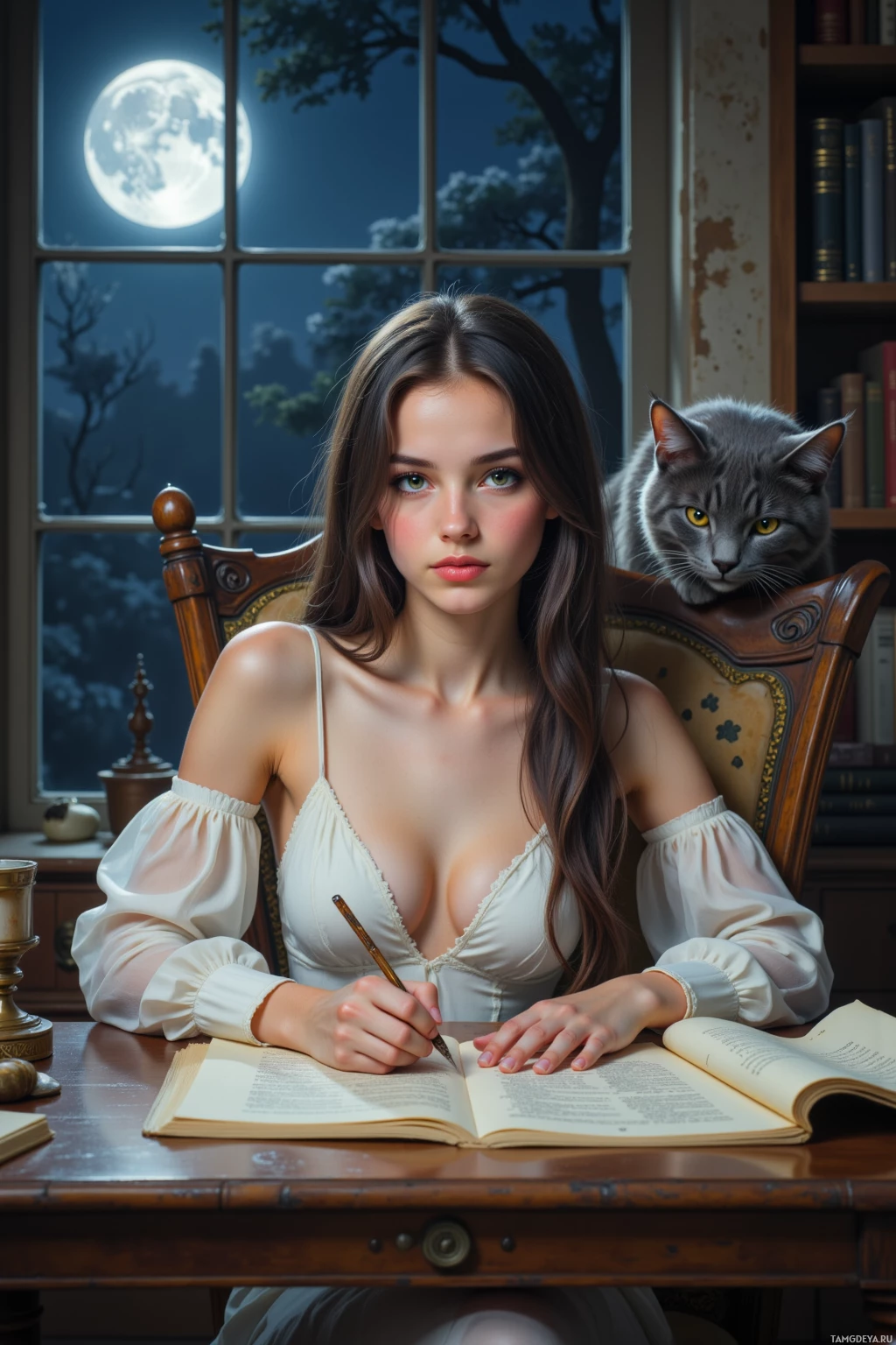 Женщина сидит за столом с открытой книгой, что-то записывает, рядом с ней – кошка.