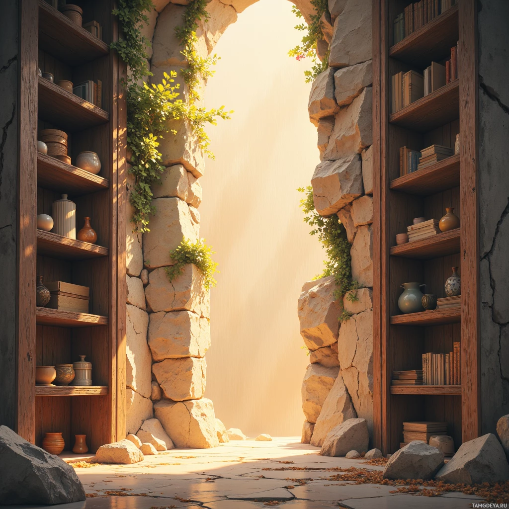 Каменный дверной проём, заставленный деревянными полками с книгами и керамикой, залитый солнечным светом.