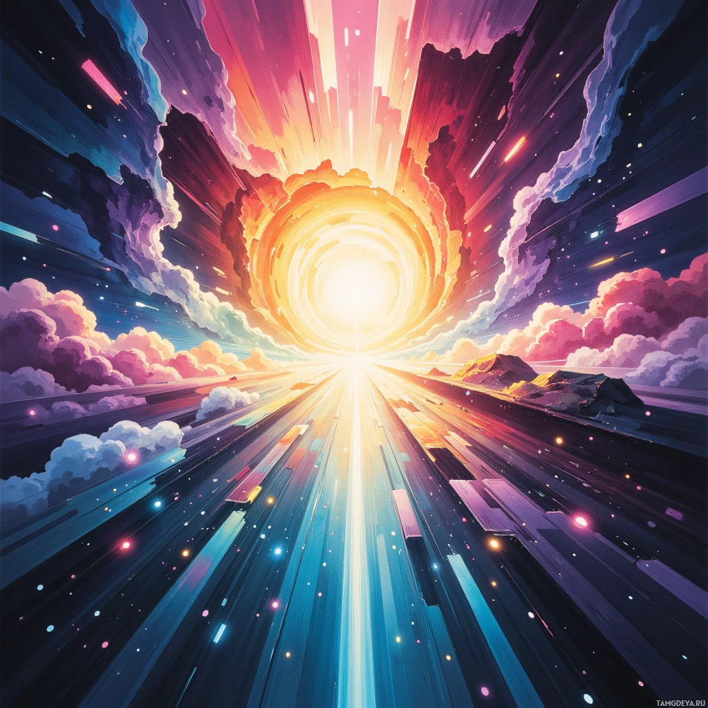 Яркая космическая сцена с сияющим центральным светом, разноцветными облаками и полосами света.
