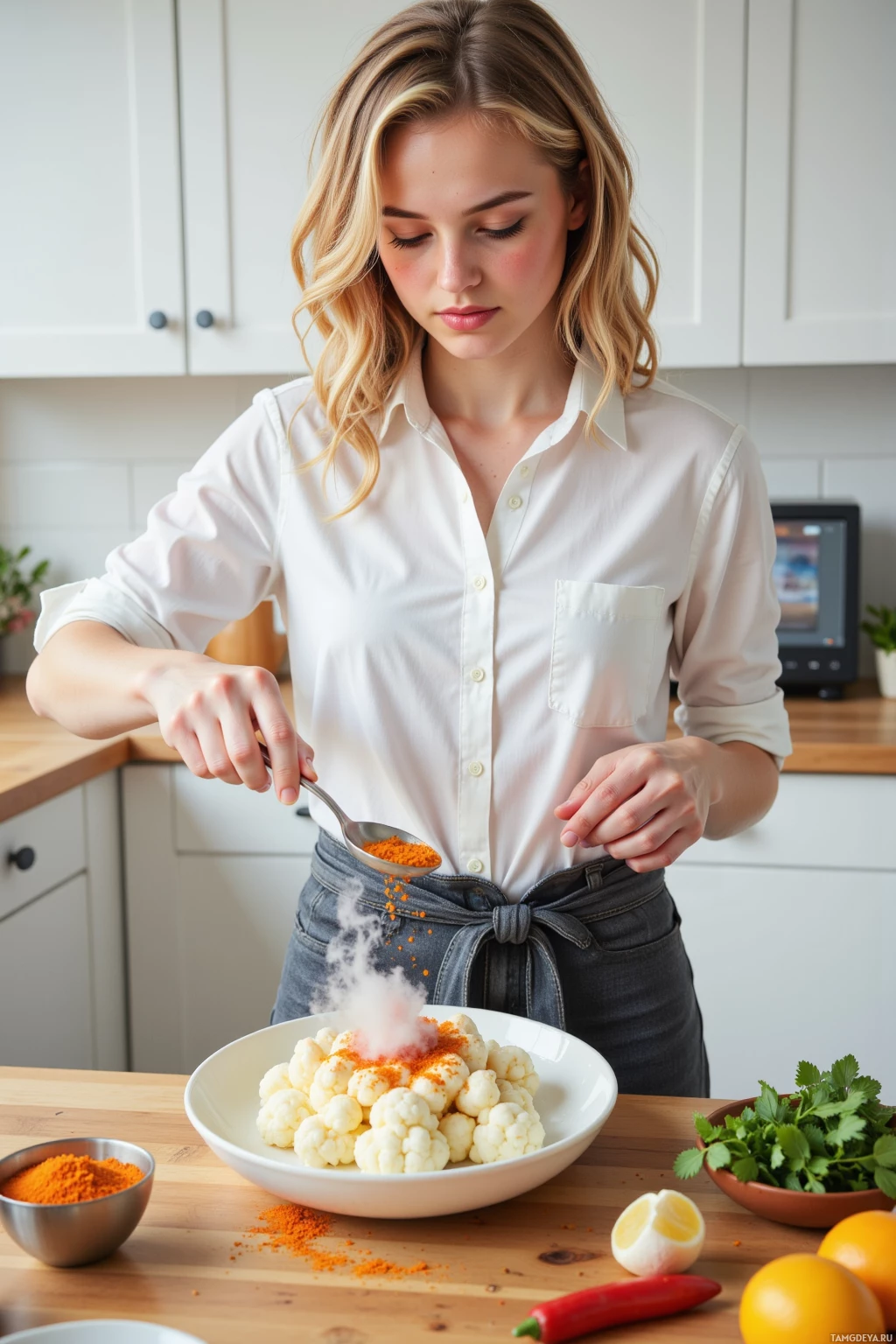Человек посыпает специями миску с цветной капустой на кухне.