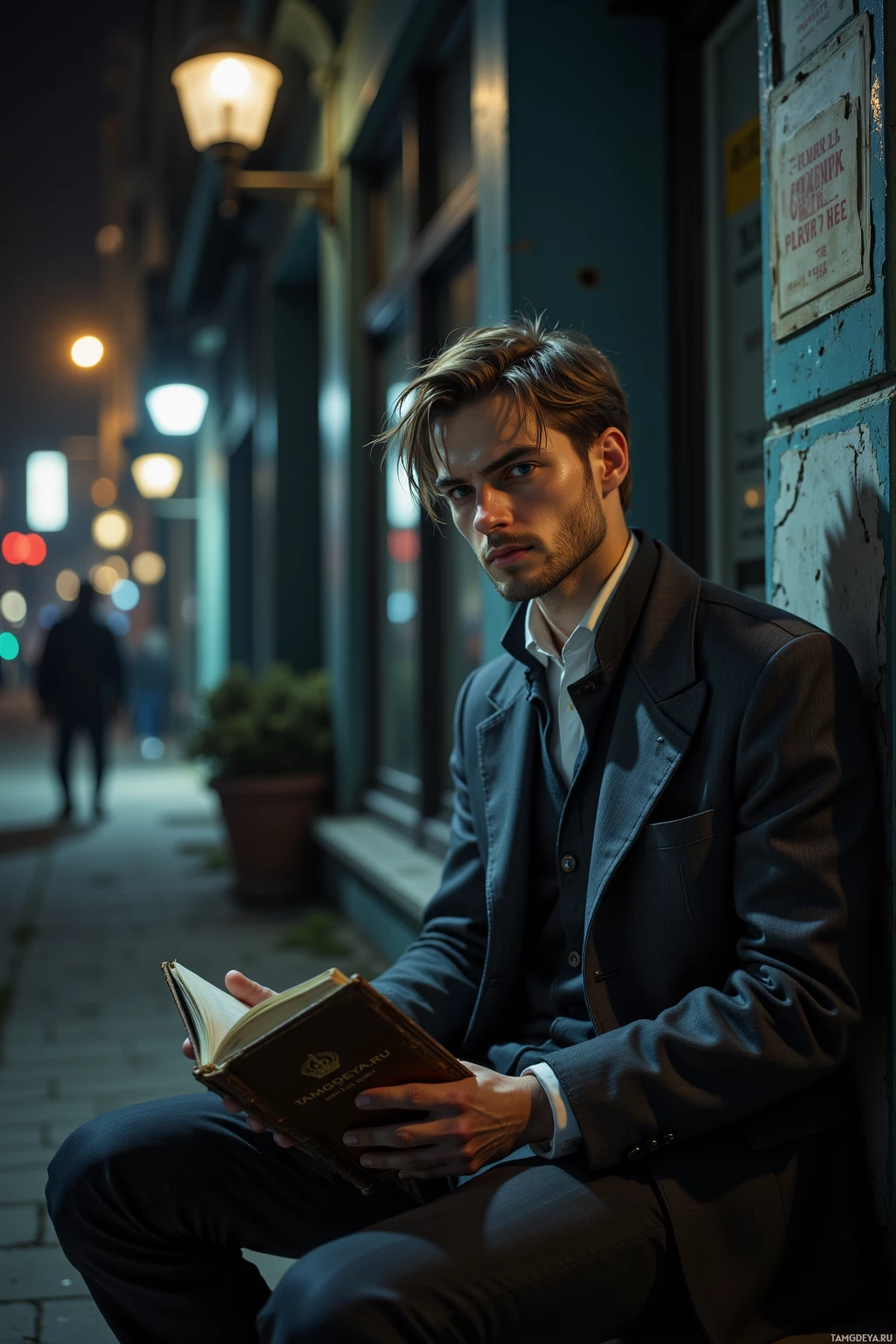 Мужчина в костюме сидит на ступени ночью, держа в руках раскрытую книгу.
