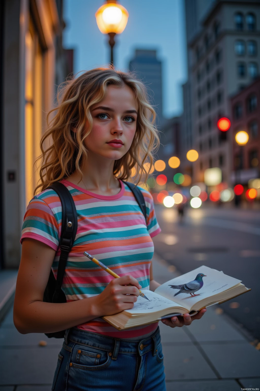 Молодая женщина стоит на городской улице на закате, держа в руках книгу и карандаш, на заднем плане видны здания и фонари.