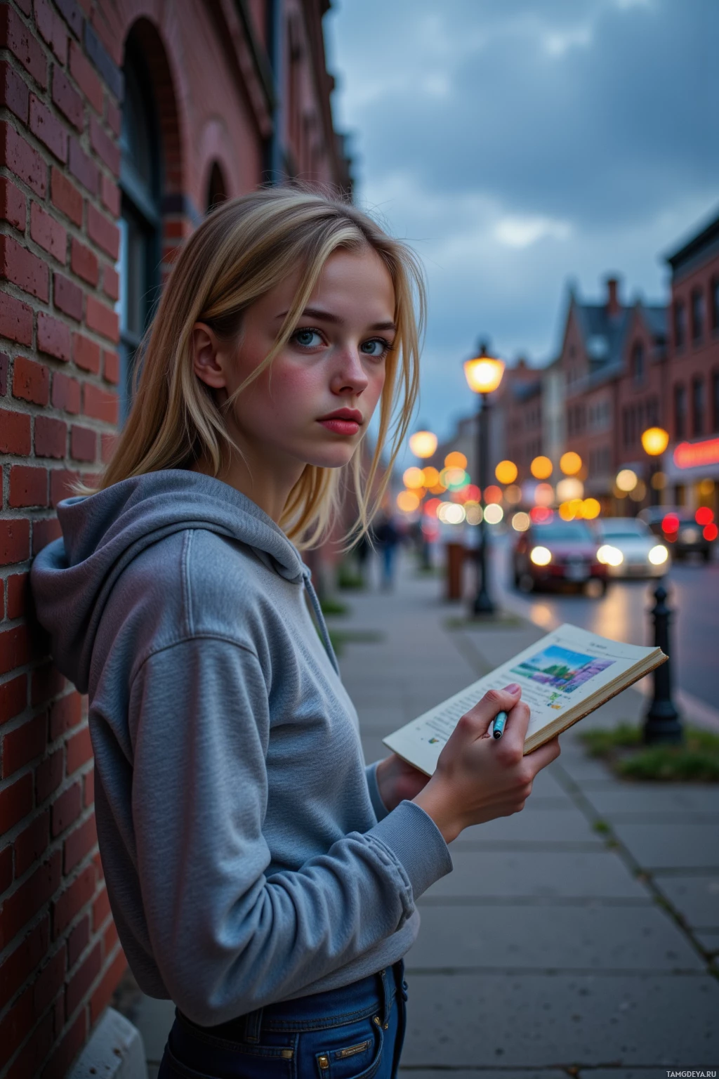 Молодой человек опирается на кирпичную стену, держа в руках книгу и ручку, на заднем плане — городской пейзаж и вечерние огни.