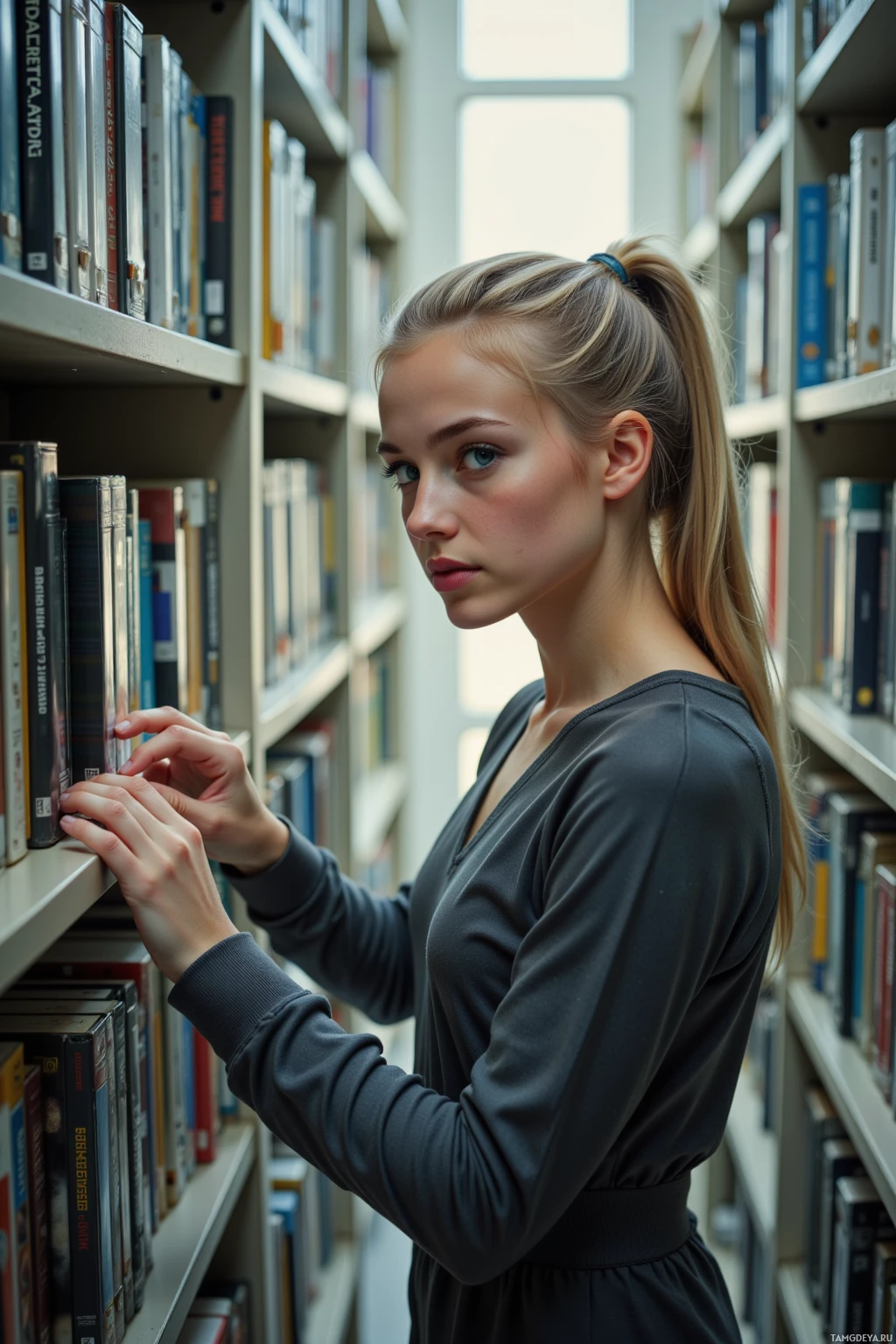 Человек в библиотеке рассматривает книги на полке.