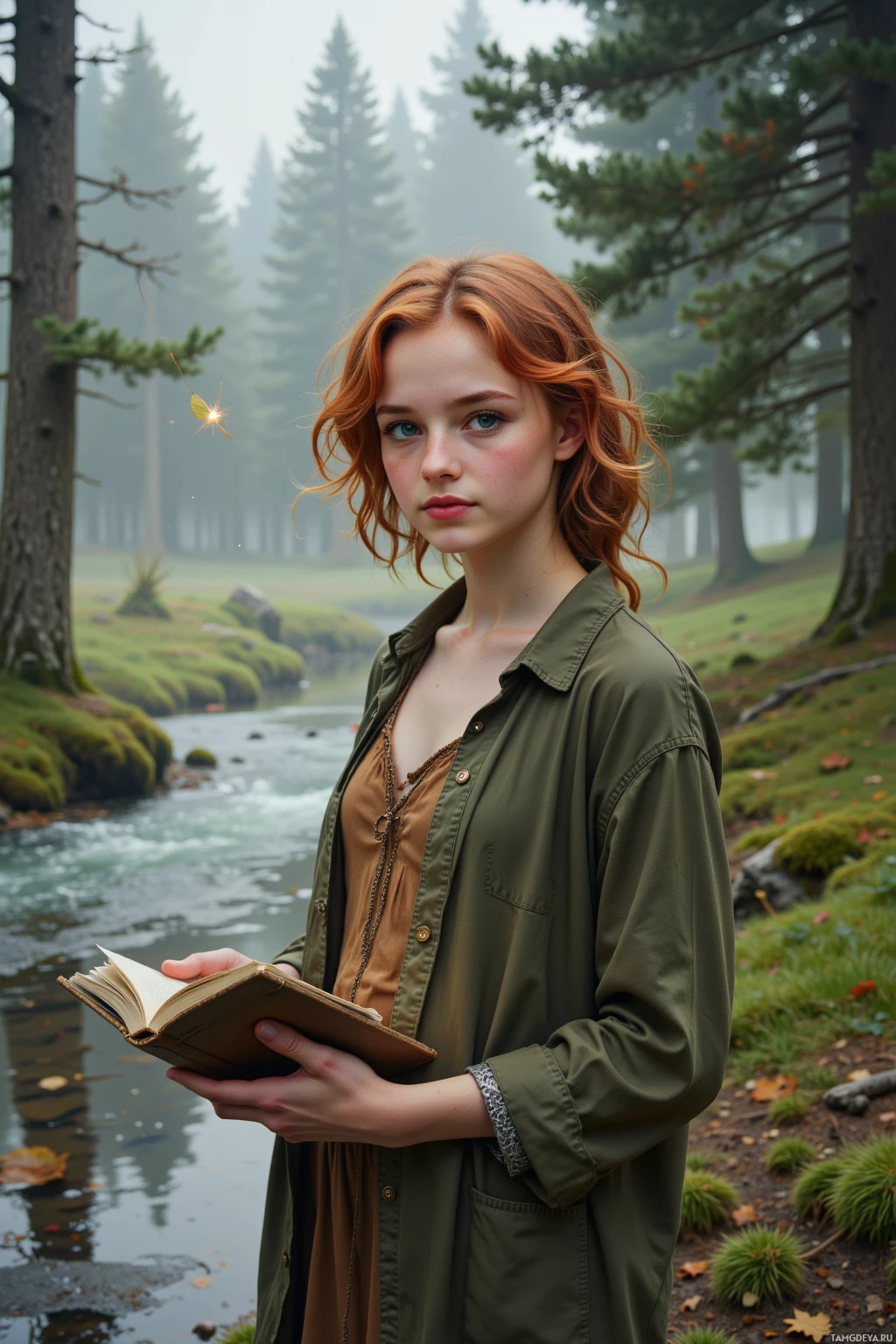 Человек стоит в туманном лесу, держа в руках раскрытую книгу.