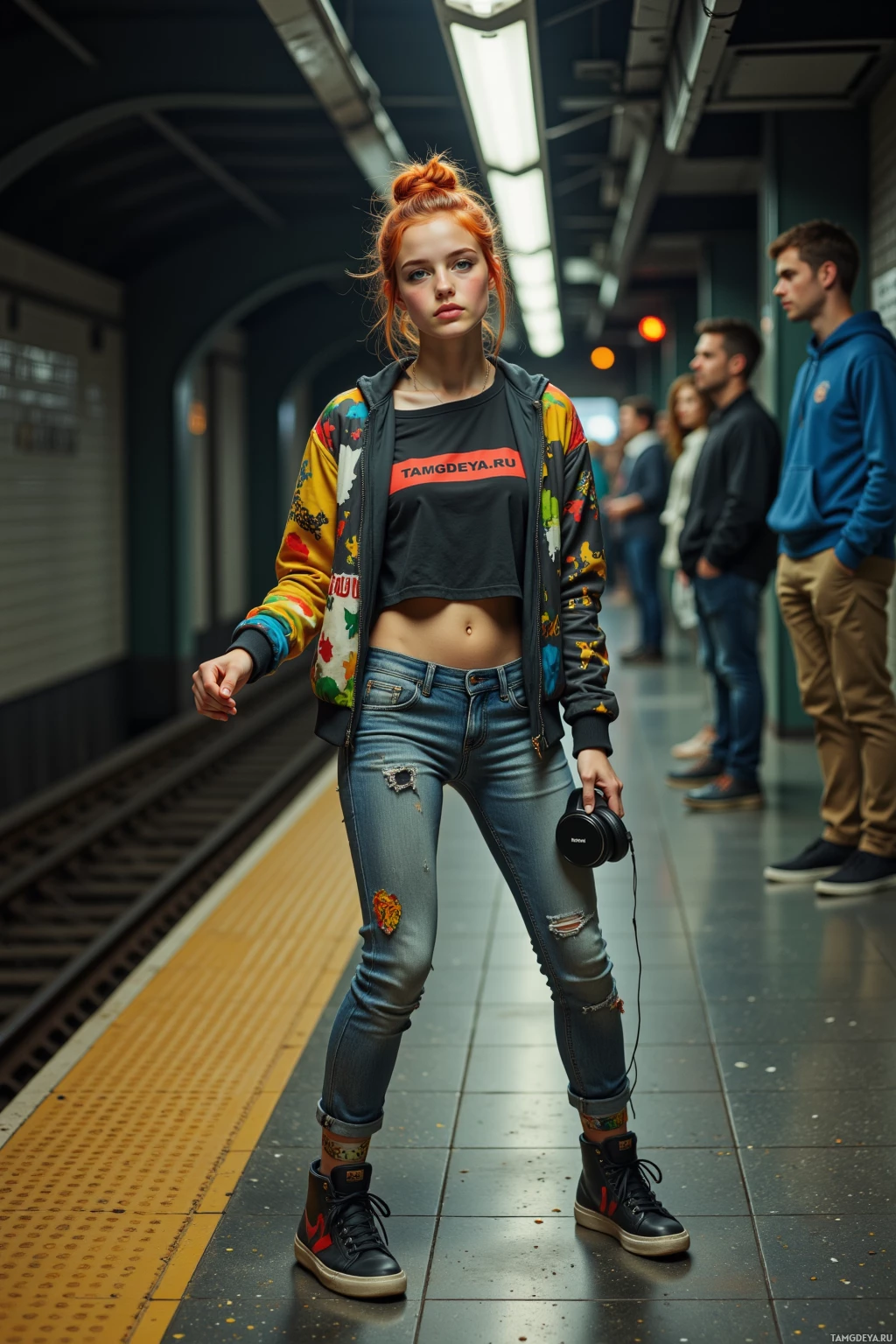 На платформе метро стоит молодая девушка в яркой куртке и джинсах, в руках у неё наушники.