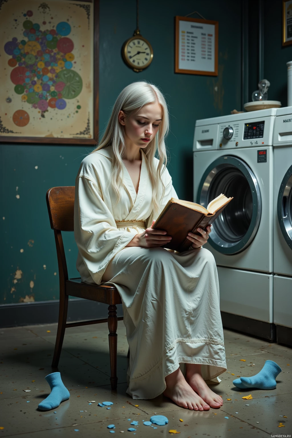 Женщина в халате сидит в кресле и читает книгу в комнате, где стоит стиральная машина и много красочных украшений.