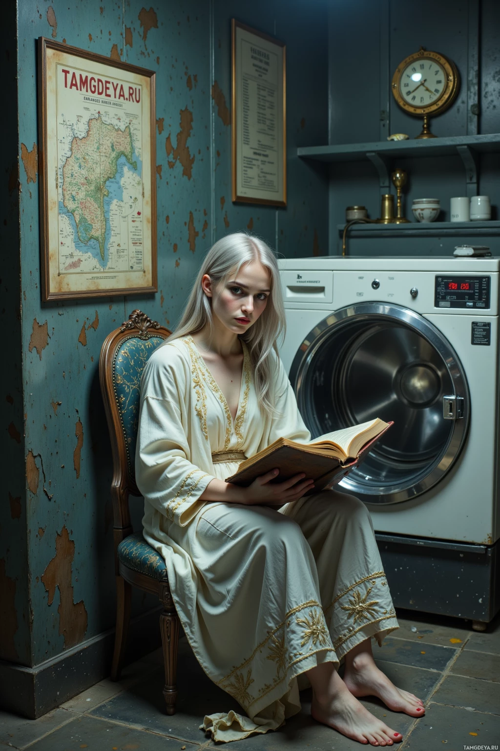 Женщина в белом платье сидит на стуле и читает книгу в комнате с облупившейся стеной и стиральной машиной.