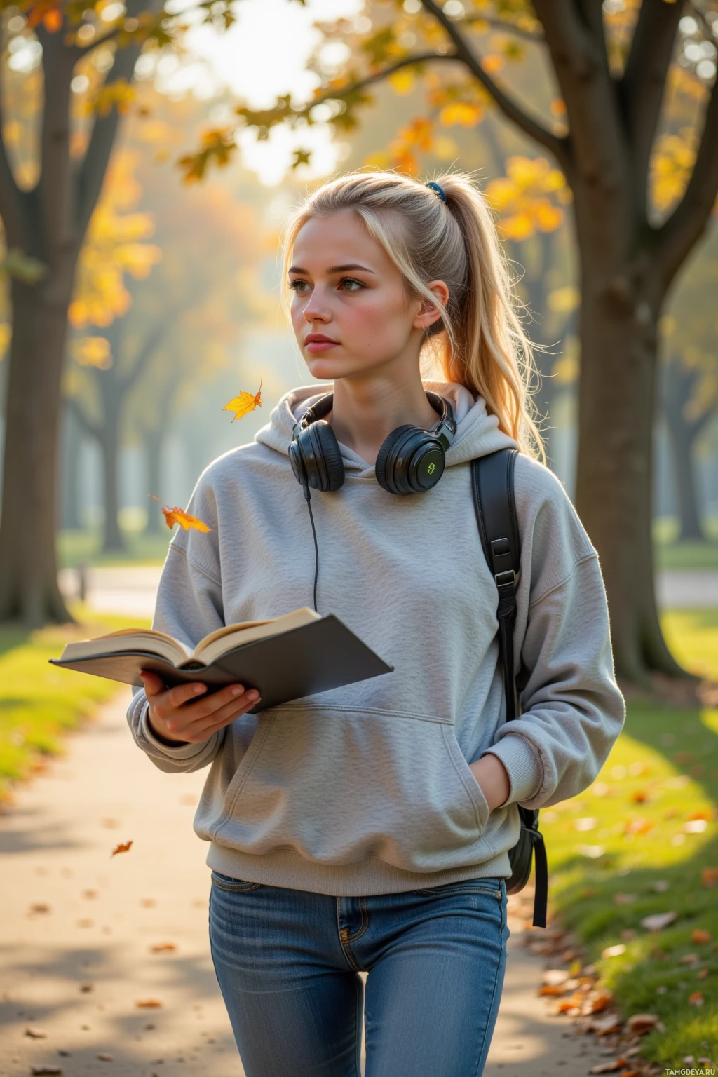 Молодая женщина идёт по парку, держа в руках открытую книгу и слушая музыку в наушниках.