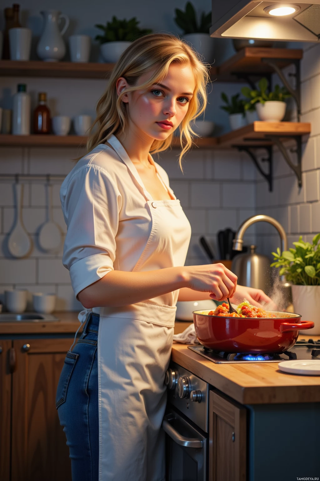 Женщина на кухне в фартуке помешивает еду в кастрюле на плите.