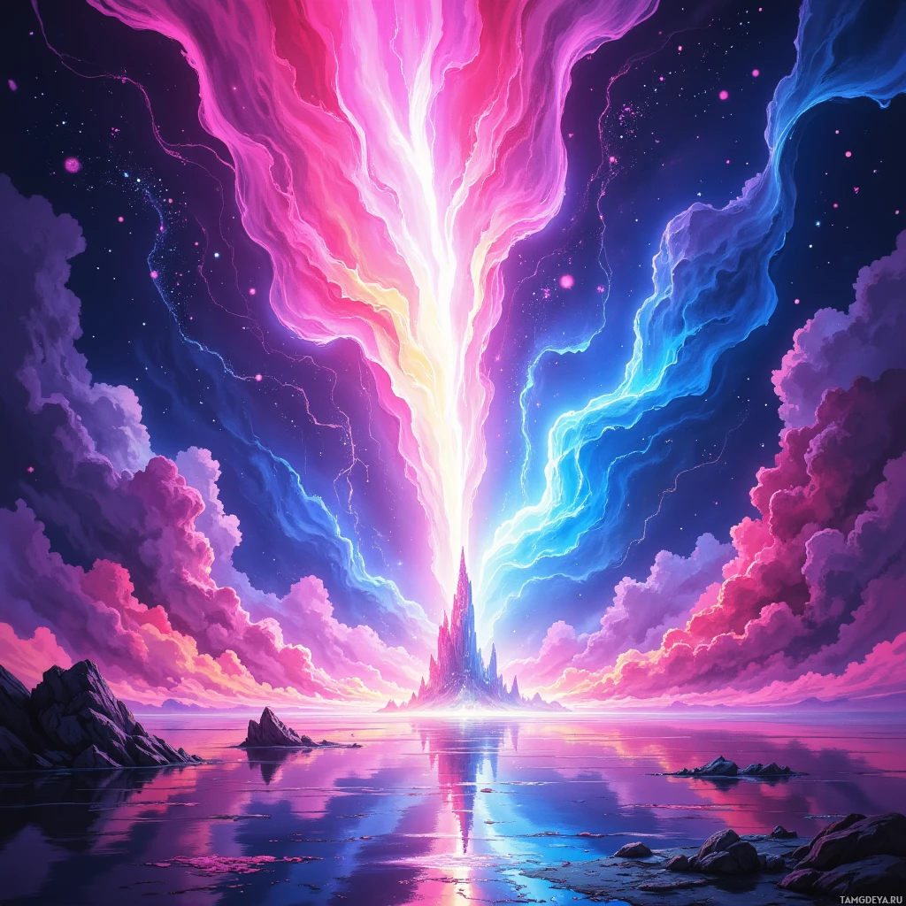 Яркий, сказочный пейзаж с сияющей вершиной горы, окруженной клубящимися облаками и отражающимся водоемом.