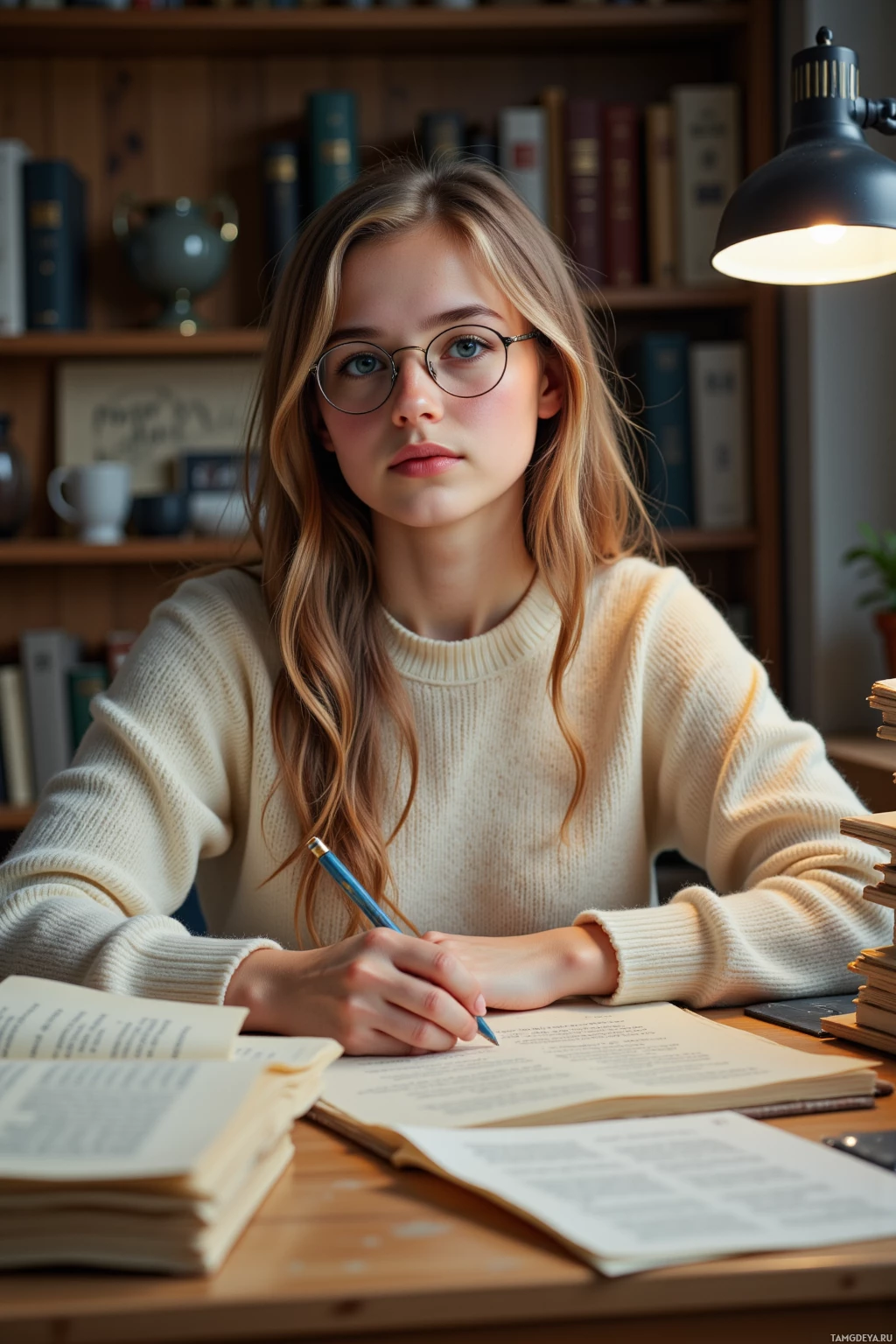 Молодая женщина в очках сидит за столом, окруженная книгами и лампой, и, кажется, занимается учебой.