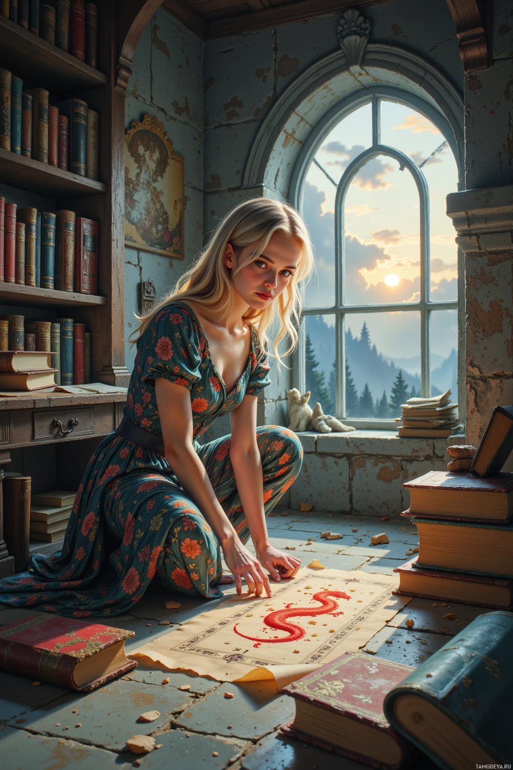 Женщина опустилась на колени у окна в комнате, полной книг, и внимательно рассматривает вышитую красную змею на листе бумаги.