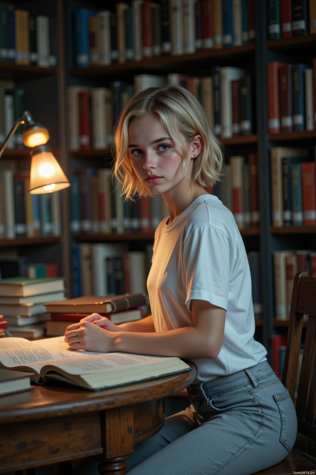 Молодой человек сидит за столом в библиотеке, окруженный книгами, с сосредоточенным выражением лица.