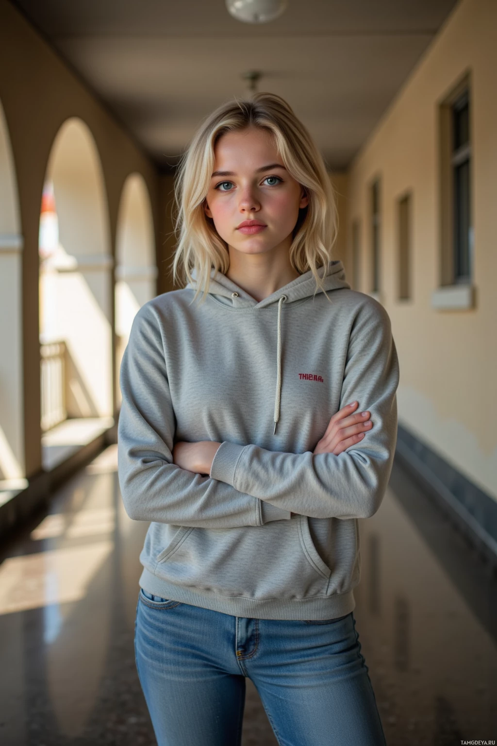 Человек стоит в коридоре, одетый в серый худи и джинсы, скрестив руки на груди.