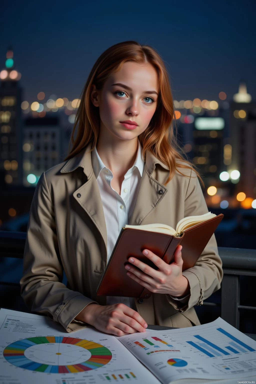 Человек в бежевой куртке и белой рубашке держит в руках раскрытую книгу, на заднем плане – ночной городской пейзаж.