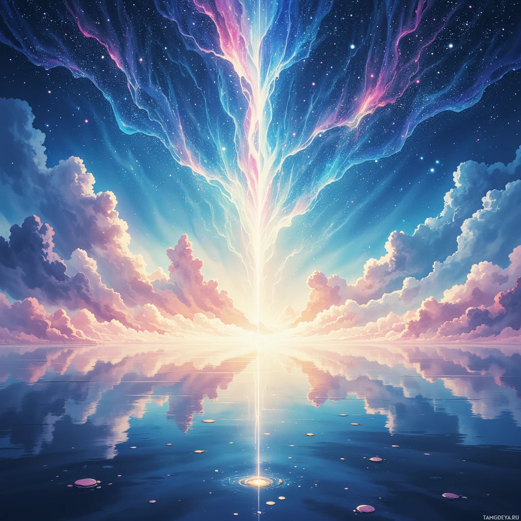 Яркое, неземное небо с сияющими полосами и отблесками на спокойной воде.