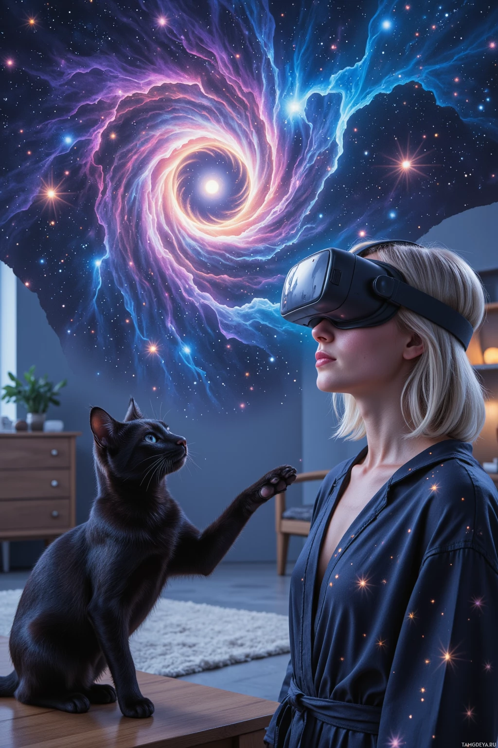 Женщина в VR-шлеме взаимодействует с черным котом в комнате, где на фоне изображены космические звезды.