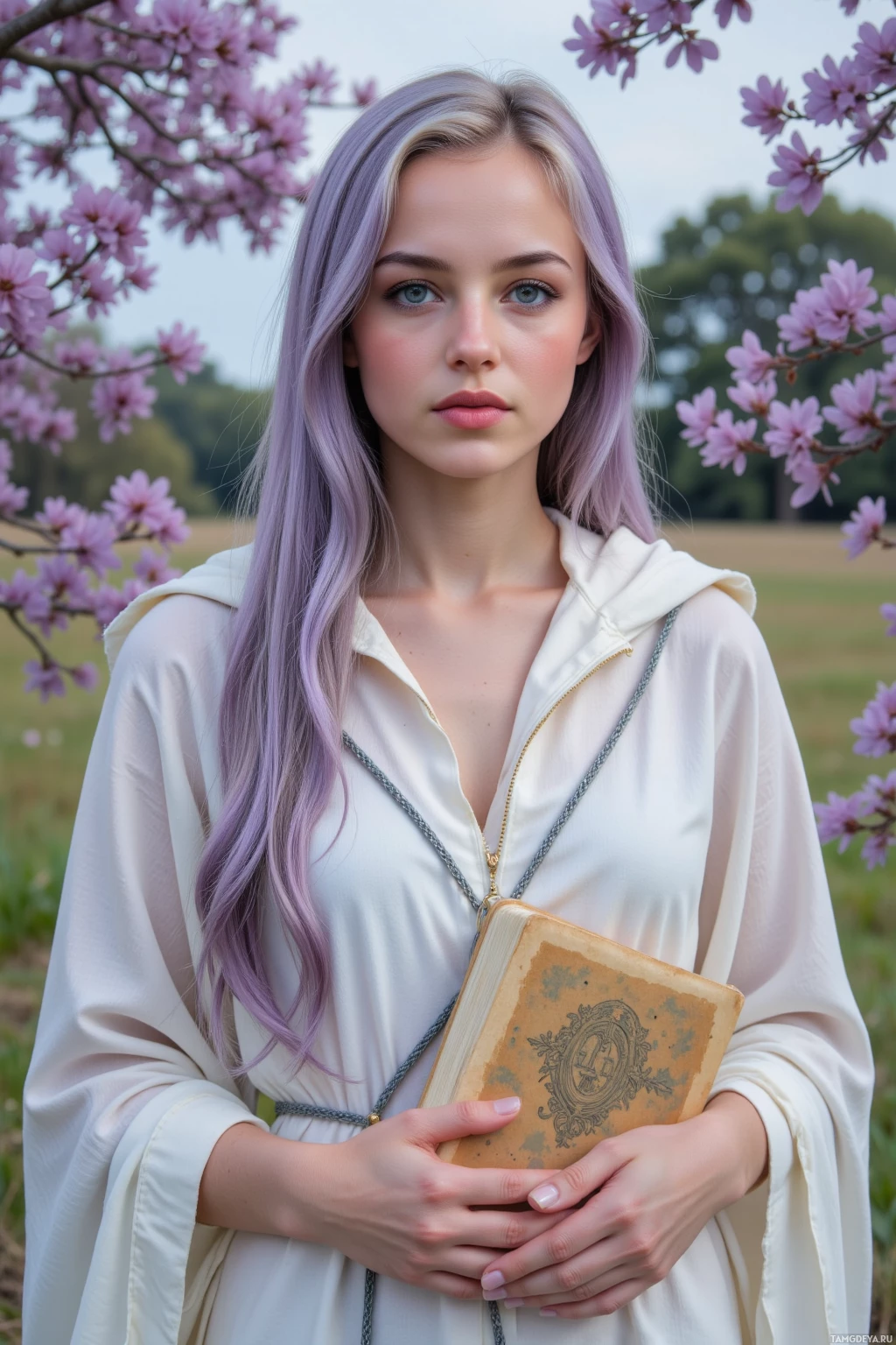 У человека с длинными, светло-лиловыми волосами в руках старинная книга, на заднем плане цветущие розовые цветы, и вокруг царит спокойная атмосфера.