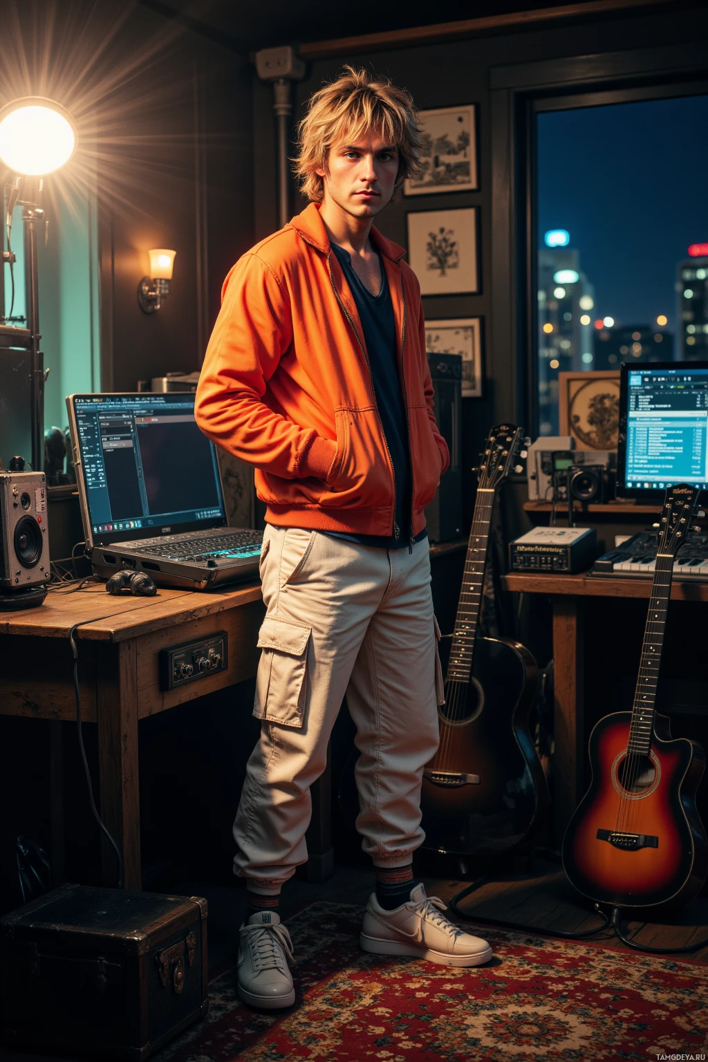 Человек стоит в музыкальной студии с ноутбуком, гитарой и другим оборудованием.