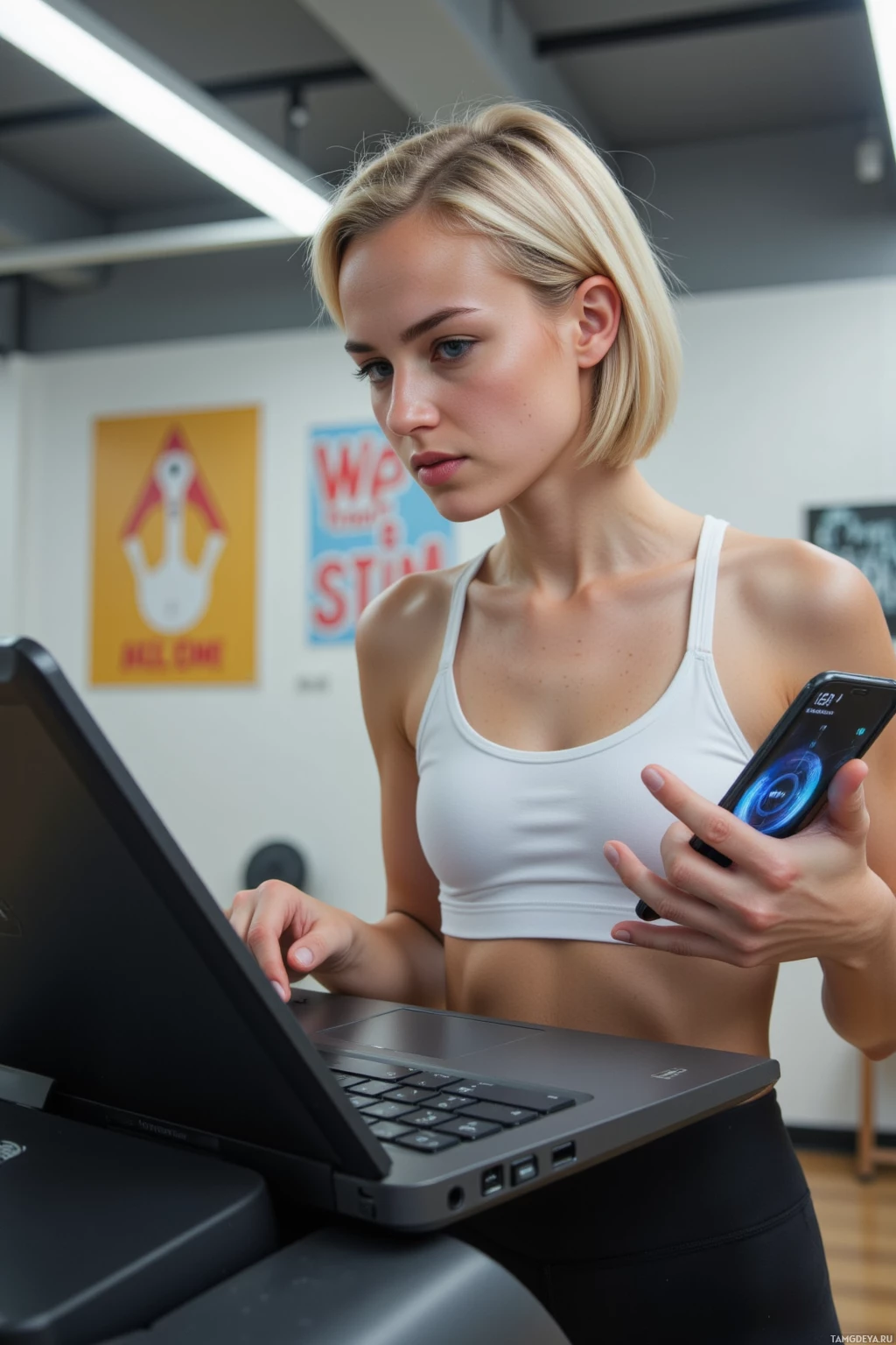 В спортивном зале женщина работает на ноутбуке и пользуется смартфоном.