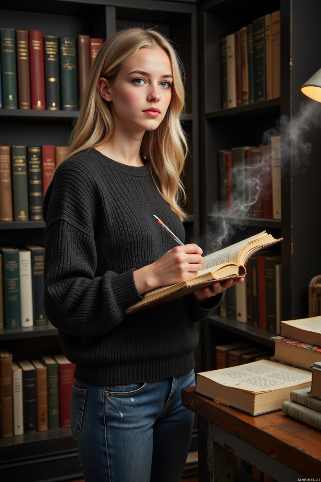 Молодая женщина в библиотеке, держит книгу и ручку, на заднем плане – книжные полки.