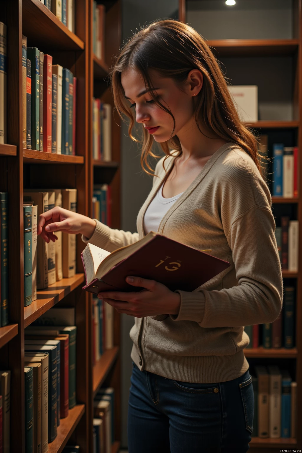 Женщина стоит в библиотеке, держа в руках и читая книгу.