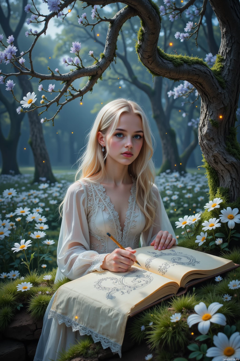 В саду сидит женщина в белом платье и пишет в книге.
