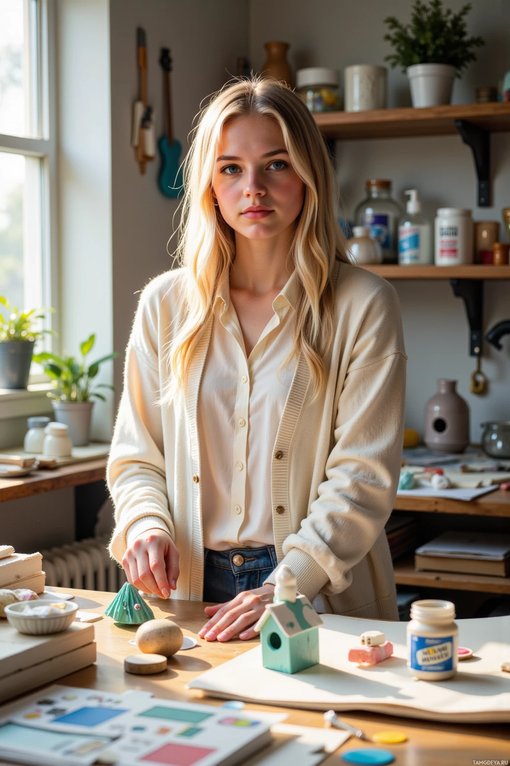 В светлой комнате, заполненной полками с различными предметами, стоит человек у стола, на котором разложены разные вещи и материалы.