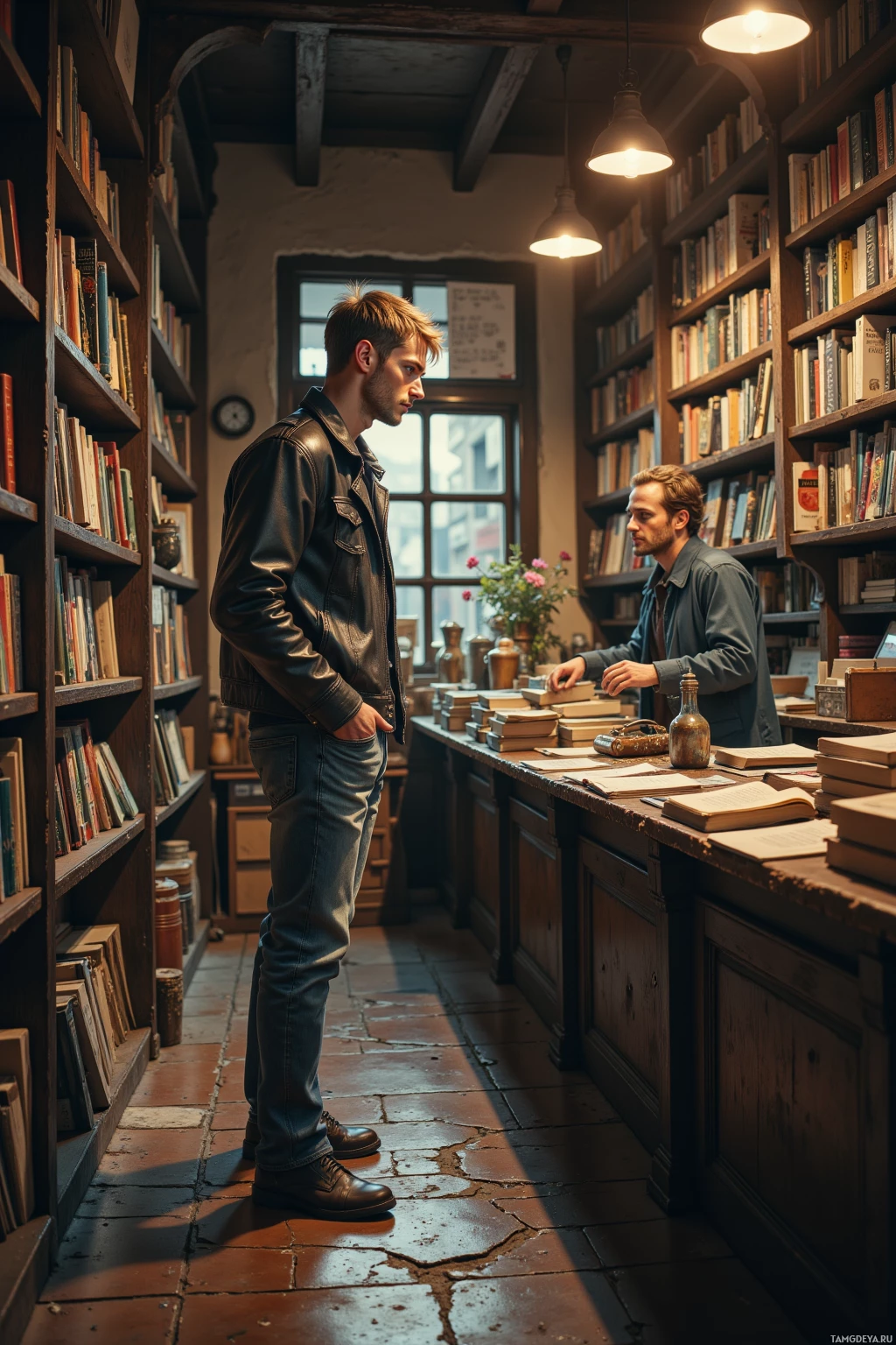 В полумраке комнаты, заставленной книгами, двое людей: один стоит, другой сидит за столом.