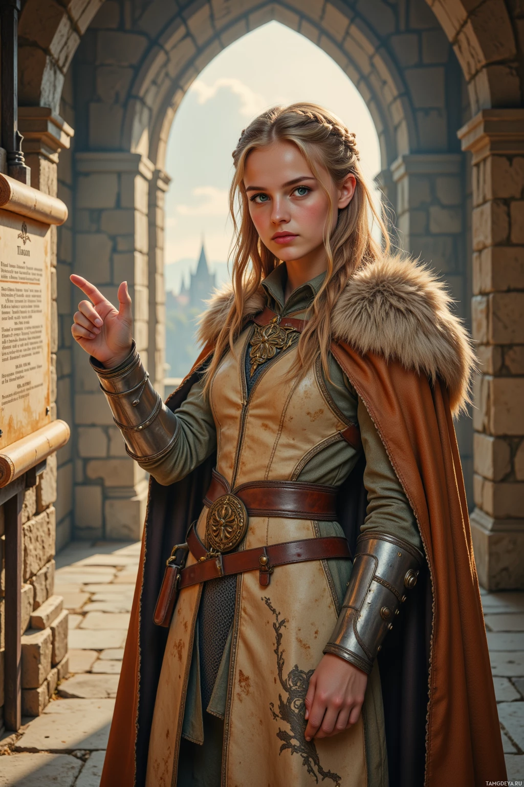 Человек в доспехах и плаще, выполненных в средневековом стиле, стоит перед каменным аркой.