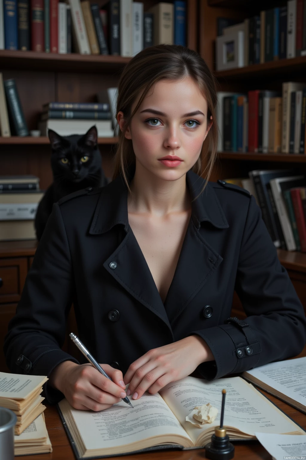 Человек в черной куртке сидит за столом, на заднем плане видны книги и кошка.