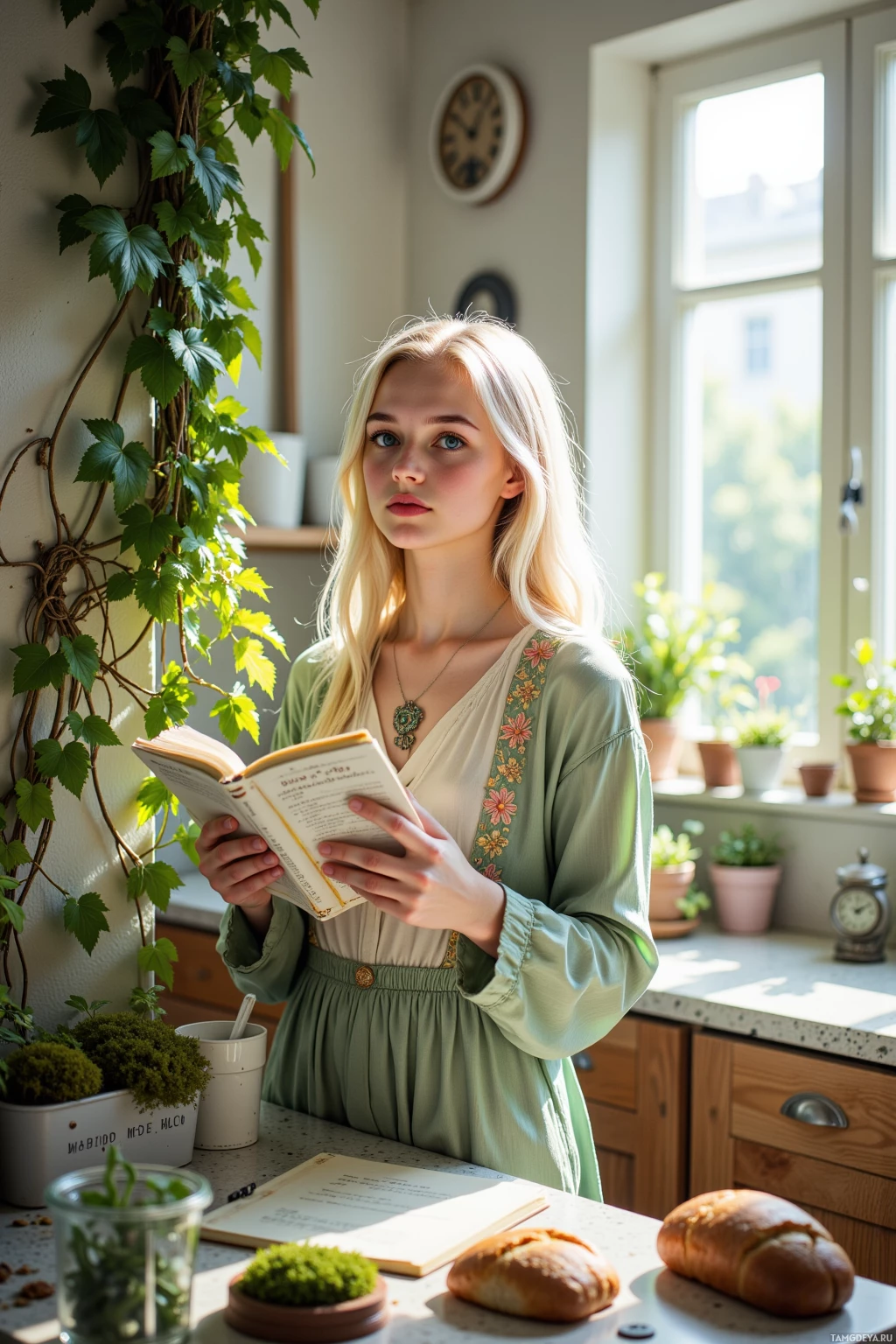 Молодая женщина в зеленом платье читает книгу на залитой солнцем кухне.