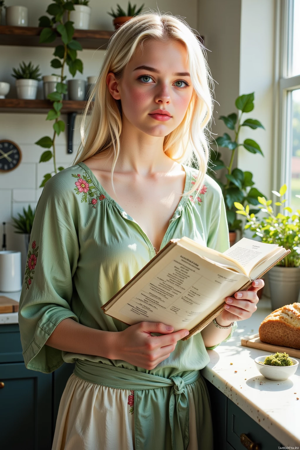 Женщина в зеленом платье держит открытую книгу на кухне.