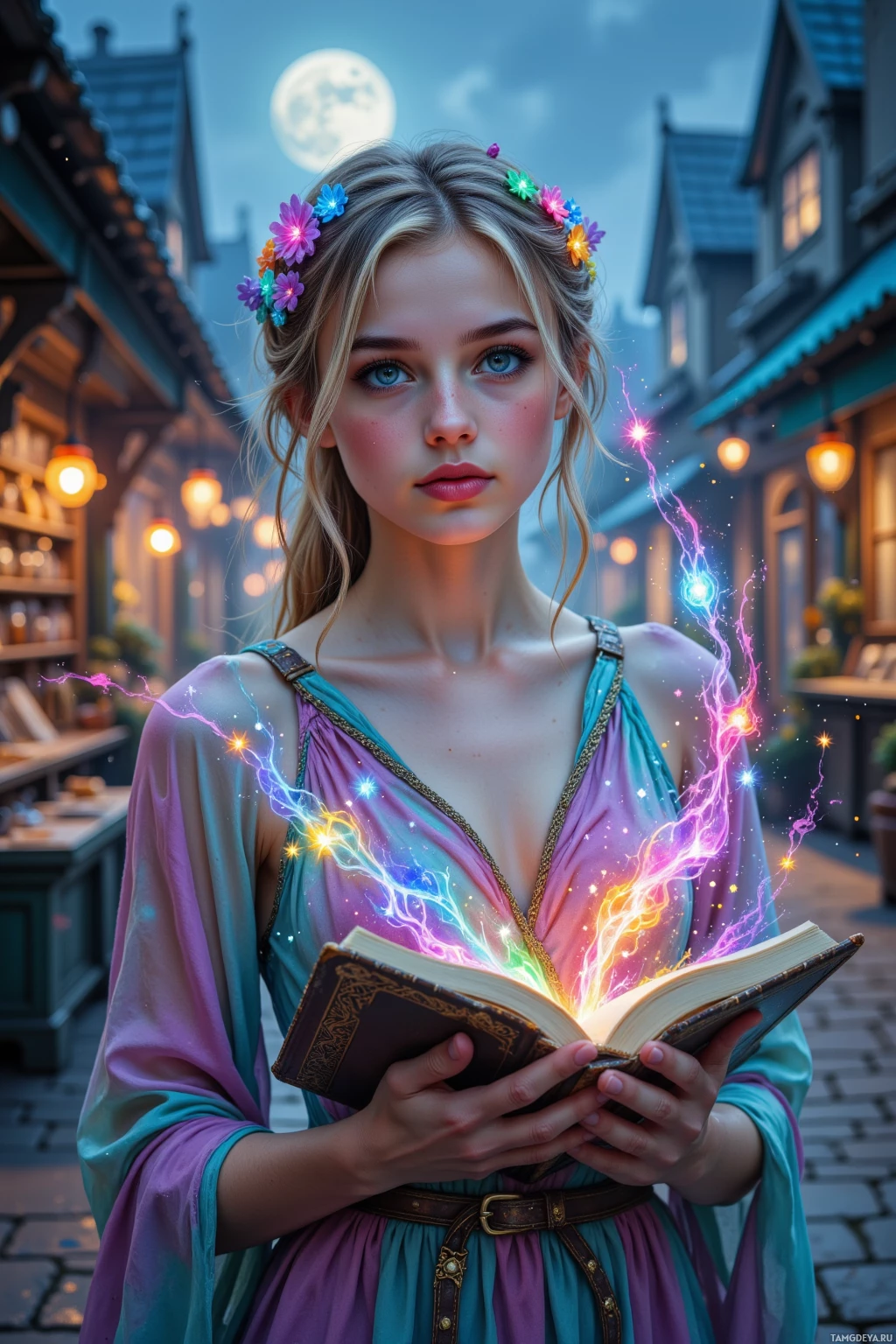 Молодая женщина в ярком платье держит открытую книгу, из которой исходит светящаяся магическая энергия.