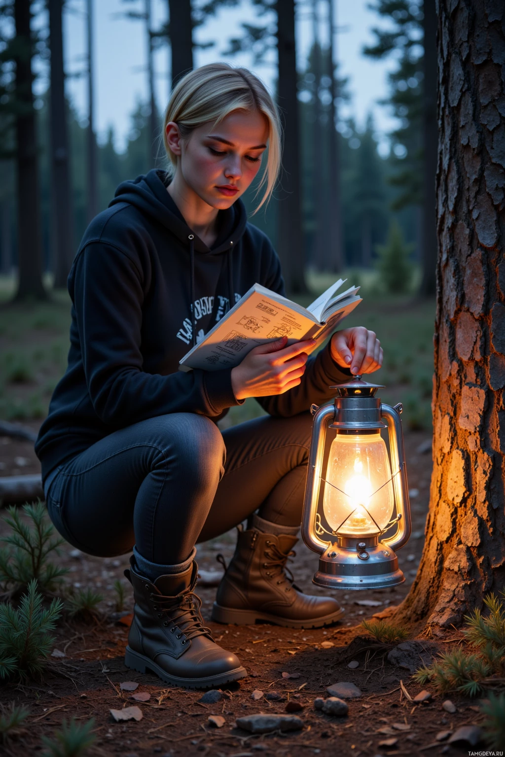 В лесу, при свете фонаря, кто-то присел и читает книгу.