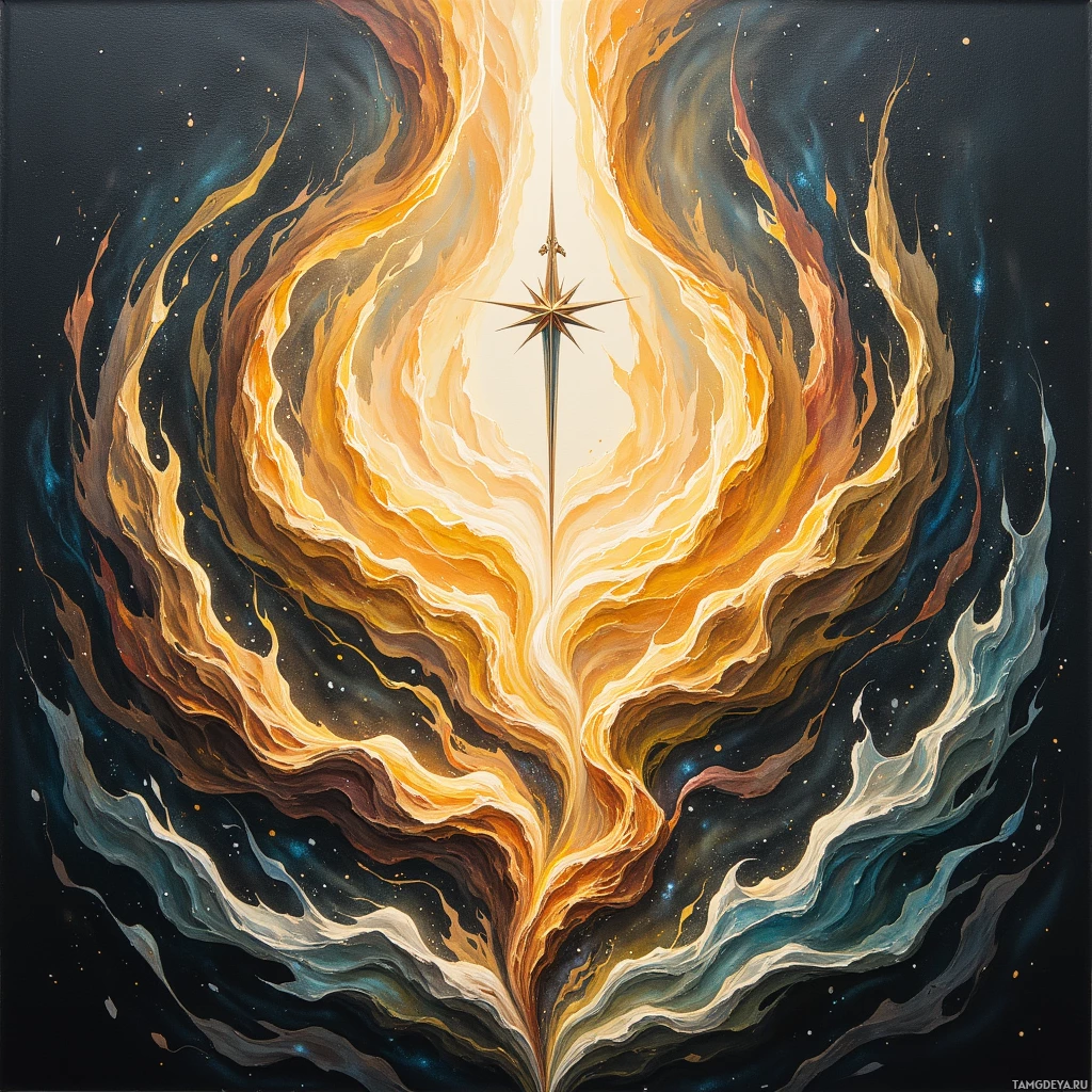 Яркая космическая сцена с завихряющимися языками пламени и центральной фигурой, напоминающей звезду.