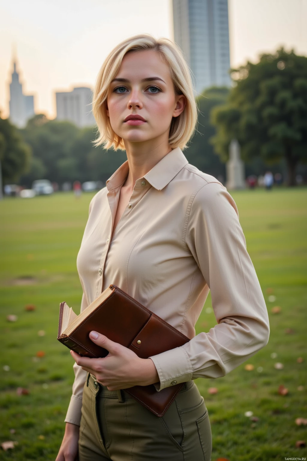 В парке стоит женщина, держа в руках книгу, одетая в бежевую рубашку и оливковые брюки.