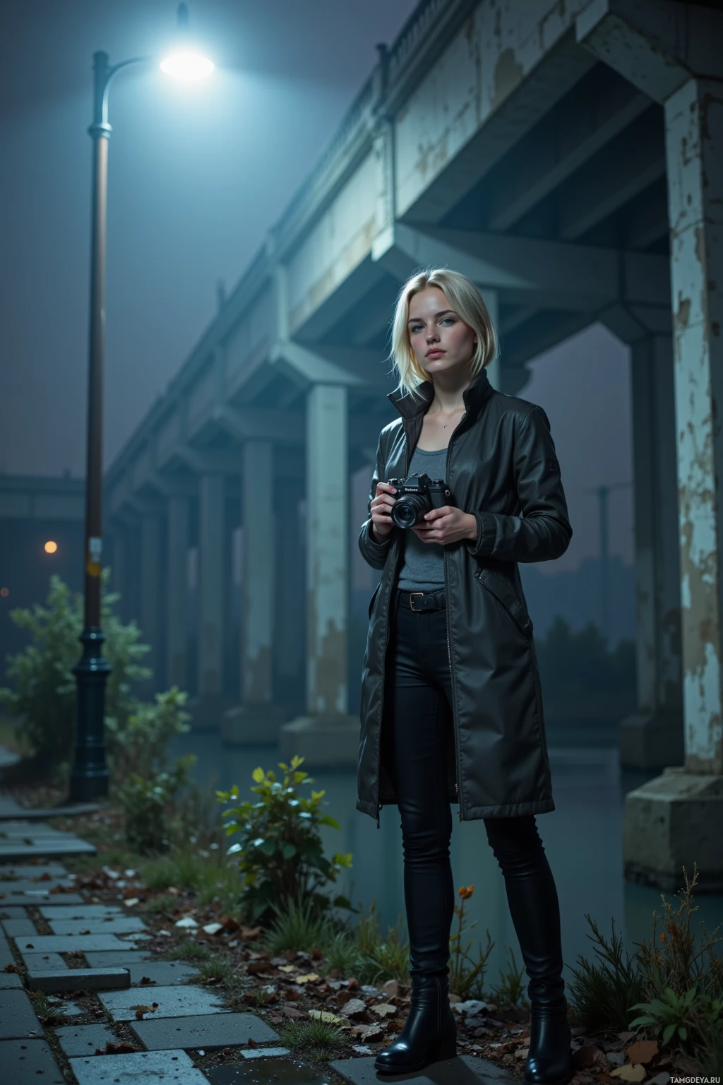 Человек стоит под мостом ночью, держа в руках фотоаппарат.
