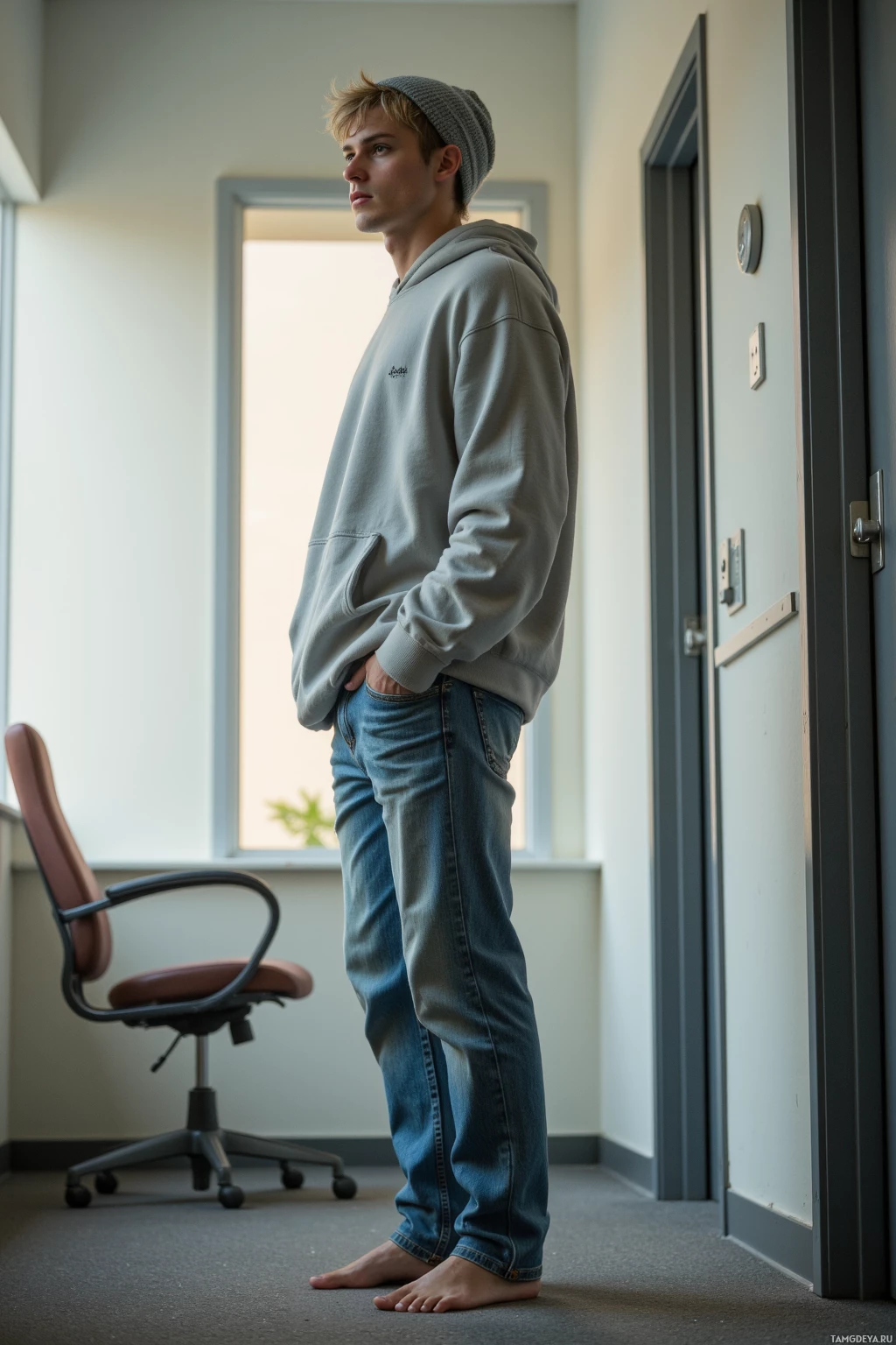 Человек стоит в коридоре, одетый в толстовку и джинсы, с руками в карманах.