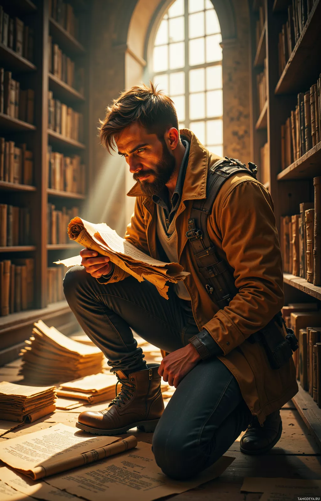 Мужчина присел в библиотеке, читая раскрытую книгу, залитую солнечным светом.