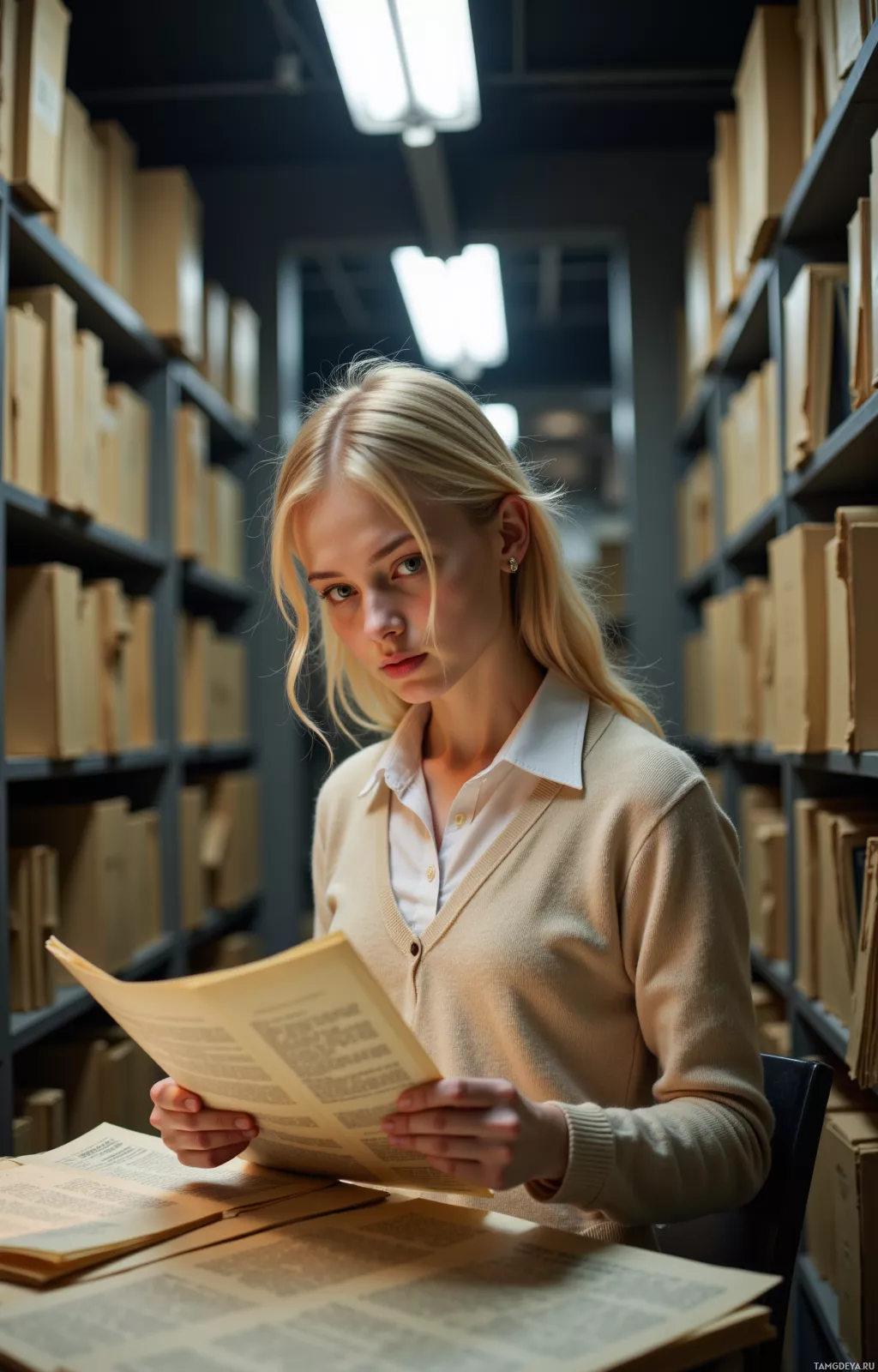 Человек читает книгу в библиотеке, на заднем плане книжные полки.