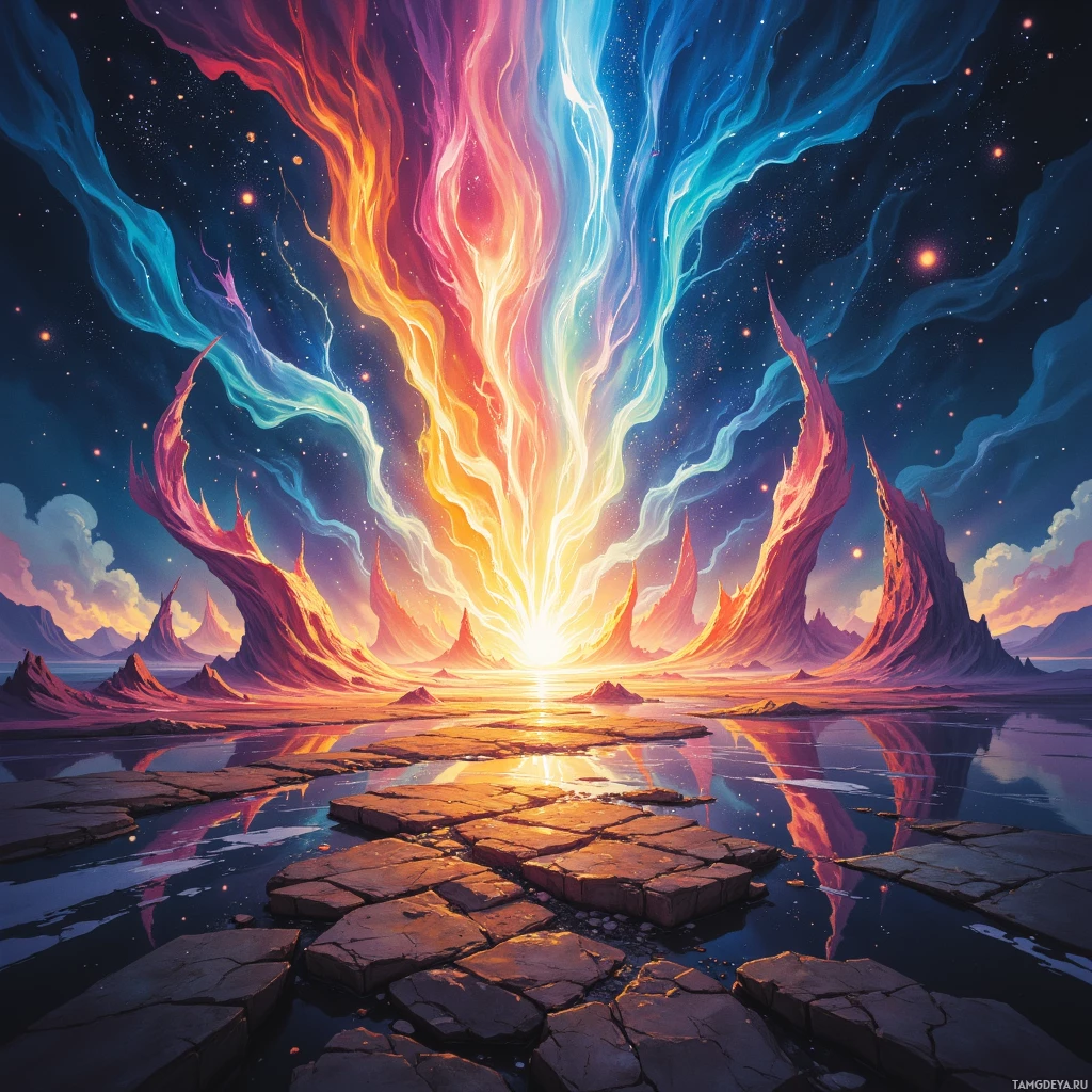 Яркий, сказочный пейзаж с красочным небом, светящимися облаками и зеркальной поверхностью воды, обрамленной скалистыми образованиями.