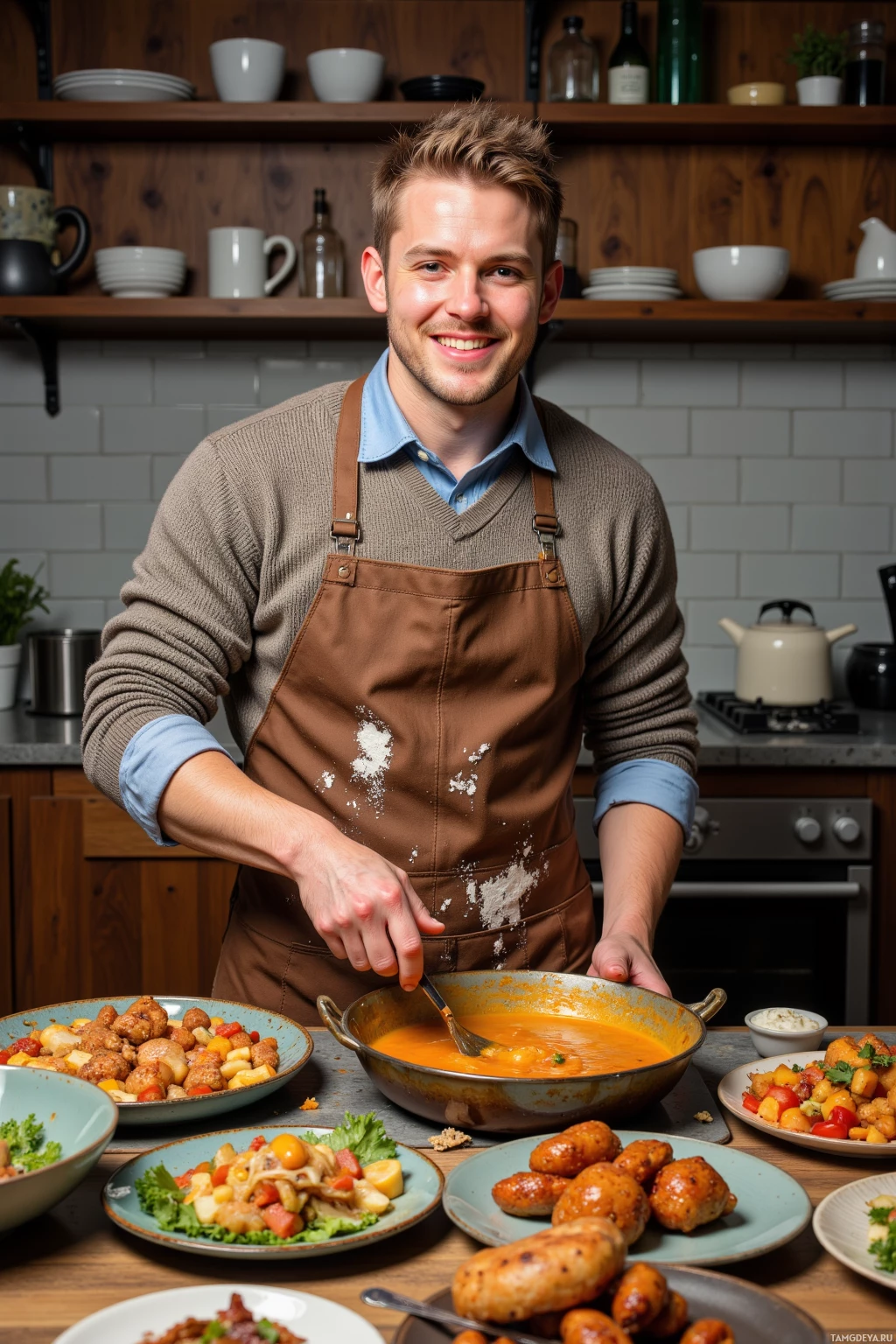 A man in a kitchen wearing an apron, smiling while preparing food.