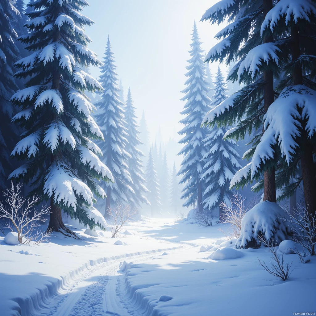 Спокойный зимний пейзаж с заснеженными хвойными деревьями и засыпанной снегом тропинкой.