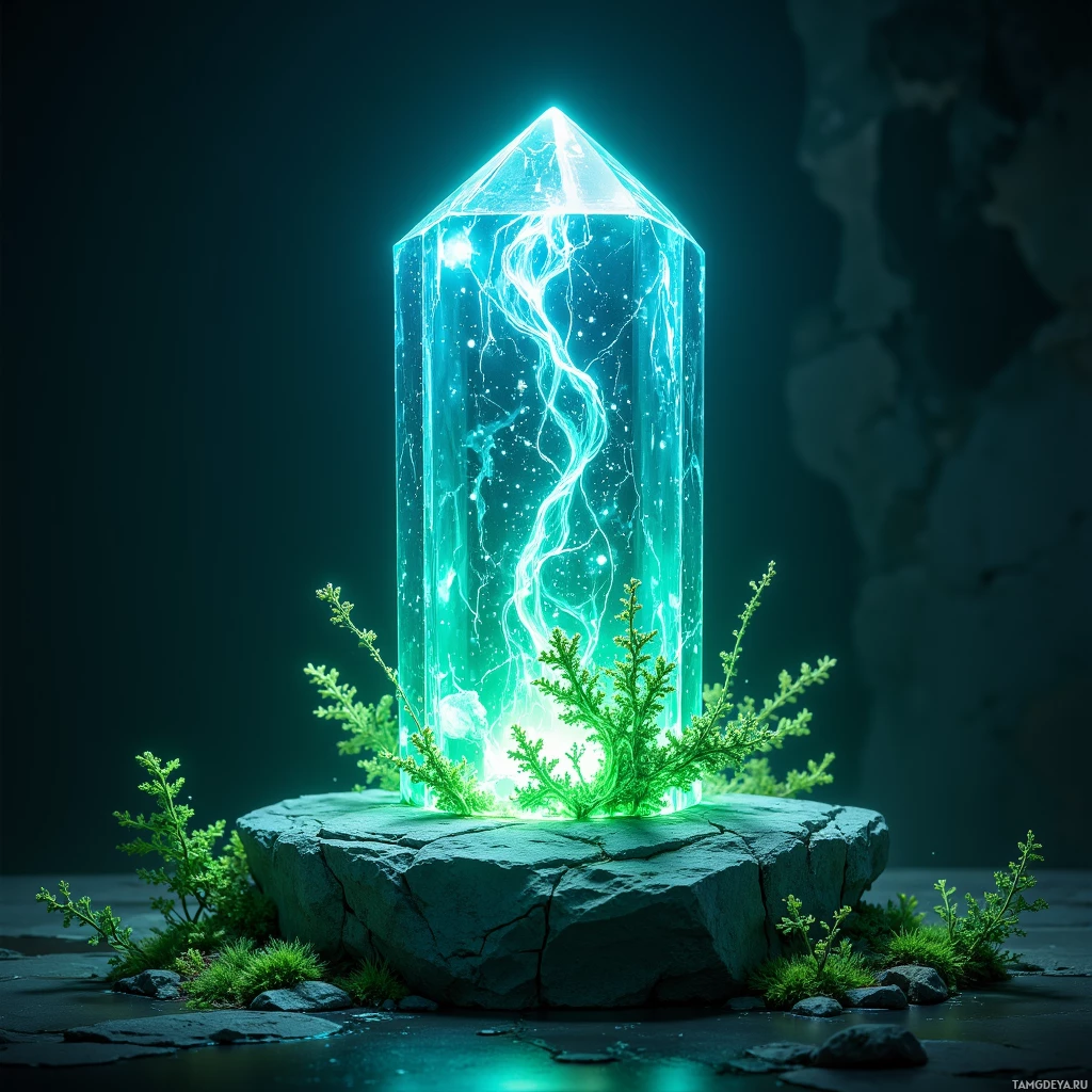 Светящийся кристалл, заключённый в структуру, напоминающую стекло, покоится на каменном постаменте, окружённом зеленью.