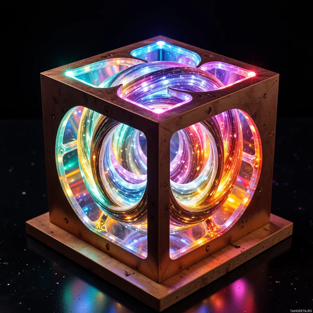 Деревянный куб со светящимися разноцветными огнями внутри.