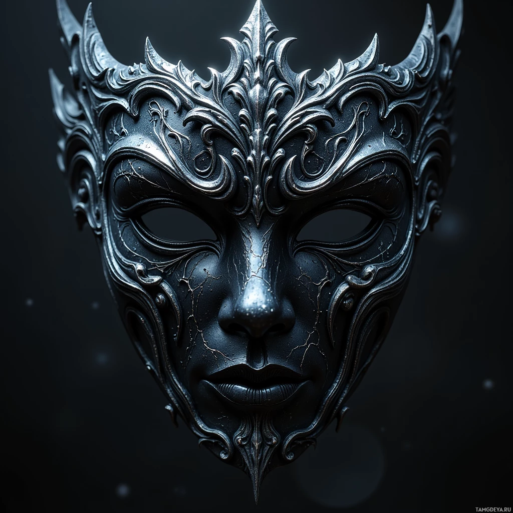 Тёмная, богато украшенная маска с замысловатым орнаментом и заостренным подбородком.