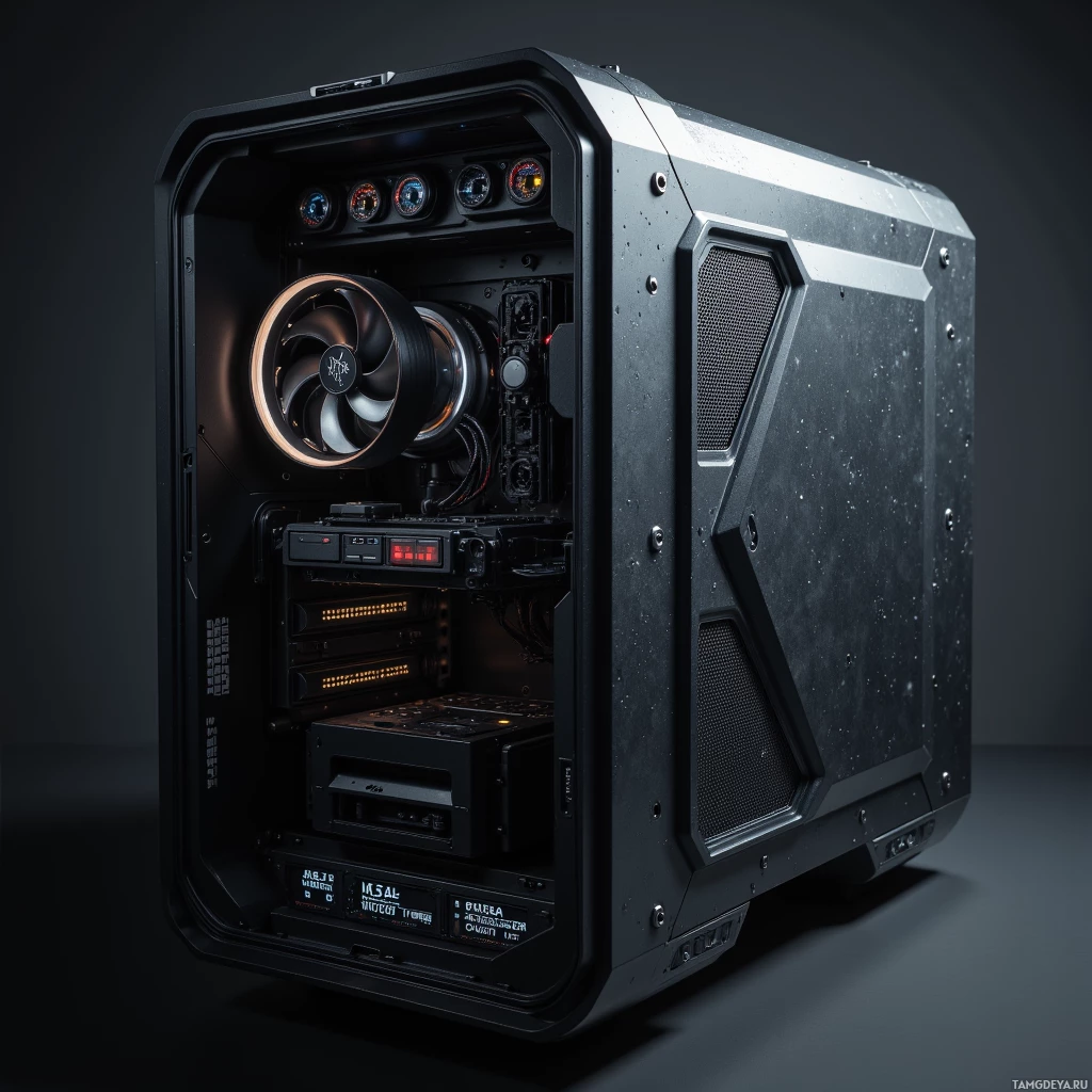Изящный черный корпус компьютера с видимыми внутренними компонентами и крупным вентилятором.